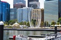 Perth, WA, November 2019: Elizabeth Quay with Perth city center, modern skyscrapers and famous sculpture called Spanda