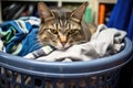 a perturbed cat awakened from sleep in a laundry basket Royalty Free Stock Photo