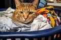 a perturbed cat awakened from sleep in a laundry basket Royalty Free Stock Photo