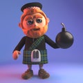 Perturbed Scotsman in tartan kilt holding a bomb, 3d illustration