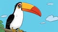 Perturbed Toucan On Branch With Blue Clouds - Cartoonstyle Panoramic Scale Graphic Novel-esque