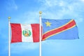 Peru and Congo Democratic Republic two flags on flagpoles and blue sky
