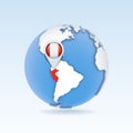 Peru - country map and flag located on globe, world map.