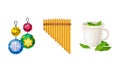 Peru country related symbols set. Panpipe, tea with mate de coca leaves and cartoon vector illustration