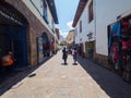 People waling down street with handicraft and tour stores