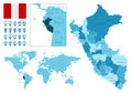 Peru detailed administrative blue map with country flag and location on the world map.