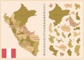 Peru - detailed map of the country in brown colors, divided into regions