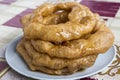 Peru Dish Dessert: BuÃÂ±uelos with chancaca traditional honey. Picture taken in Arequipa, Peru Royalty Free Stock Photo