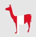 Peru flag over Vicuna national animal vector silhouette illustration isolated on white background.