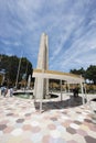 Peru Ica Plaza de Armas with its pyramid sculpture and its water fountain and garden with flowers Royalty Free Stock Photo