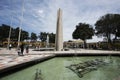 Peru Ica Plaza de Armas with its pyramid sculpture and its water fountain and garden with flowers Royalty Free Stock Photo