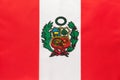 Peru national fabric flag, textile background. Symbol of international world south America country Royalty Free Stock Photo