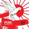 Peru`s independence day. July 28rd.National Patriotic holiday of liberation in Latin America. White dove in flight, the Royalty Free Stock Photo