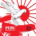 Peru`s independence day. July 28rd.National Patriotic holiday of liberation in Latin America. White dove in flight, the