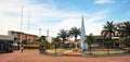 Peru Tarapoto main square of the city with a bust of the military General San Martin in a simple pyramidal obelisk in the regional