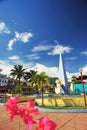 Peru Tarapoto main square of the city with a bust of the military General San Martin in a simple pyramidal obelisk in the regional