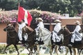 Peru traditional paso horses with chalan with their typical clothes on a hacienda with their Peruvian flag