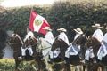 Peru traditional paso horses with chalan with their typical clothes on a hacienda with their Peruvian flag