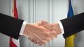 Peru and Ukraine diplomacy deal 3D illustration. Businessman partner handshake. National flag on background