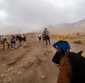 Natives lead horses carrying tourists up mountain at rainbow mountain