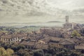 Perugia in a misty cloud and fog, an artistic vision elaborated at the computer of the city center