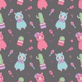 Alpaca or Lama with cactus and rumba shakers cute c cartoon style seamless pattern on dark gray background Royalty Free Stock Photo