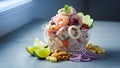 Peruvian ceviche mixto served on a marble surface with subtle indoor window light for a refined culinary ambience. Royalty Free Stock Photo