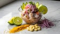 Peruvian ceviche mixto served on a marble surface with subtle indoor window light for a refined culinary ambience. Royalty Free Stock Photo