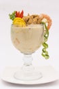 Peruvian dish: Ceviche called Leche de Tigre Caretilero . Fresh cebiche with fried fish. Royalty Free Stock Photo