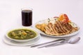 Peruvian Dish:Chicken soup of coriander,aguadito de pollo)+chicha morada (purple corn juice) and chicken grilled.