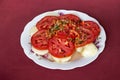 Peruvian Dish: Escribano typical plate from Arequipa made of potatoes, tomates, vinegar, coriander, rocoto (local chili)