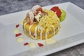 Peruvian Food: Causa rellena de atun. Tuna causa rellena. Traditional peruvian dish from yellow potato, tuna, avocado on white Royalty Free Stock Photo