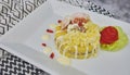 Peruvian Food: Causa rellena de atun. Tuna causa rellena. Traditional peruvian dish from yellow potato, tuna, avocado on white Royalty Free Stock Photo