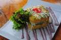 Peruvian Food: Causa Rellena, A smashed popatoes filled with crab meal Royalty Free Stock Photo