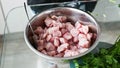 Peruvian food ceviche. 2 Preparation of ceviche mixing with sodium salt. Royalty Free Stock Photo