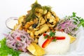PERUVIAN FOOD: fried FISH MEAL CHICHARRON Royalty Free Stock Photo