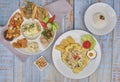 Peruvian food, Food fountain `Ronda marina` and ` tortilla de mariscos` A varied seafood, Classic Ceviche + rice with Seafood