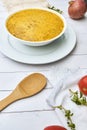 PERUVIAN FOOD, Traditional soup a La Minuta in white bowls, Top view.