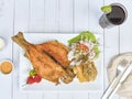 PERUVIAN FOOD, typical dish Fried trout, with rice, yucca and salad, Sective Focus Royalty Free Stock Photo