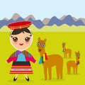 Peruvian girl in national costume and hat. Cartoon children in traditional dress Landscape with mountains, green grass, llamas. Ve Royalty Free Stock Photo