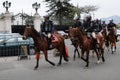 Peruvian horse police near the Government palace on the Plaza de Armas in Lima.