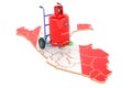 Peruvian map with propane gas cylinder on hand truck. Gas Delivery Service in Peru, concept. 3D rendering