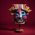 Peruvian Mayan Mask on stand in studio. Multi color. Studio Backdrop.