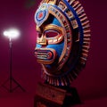 Peruvian Mayan Mask on stand in studio. Multi color. Studio Backdrop.