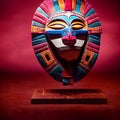 Peruvian Mayan Mask on stand in studio. Multi color. Studio Backdrop.