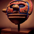 Peruvian Mayan Mask on stand in studio. Multi color. Studio Backdrop.