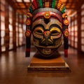 Peruvian Mayan Mask on stand in studio. Multi color. Studio Backdrop.