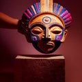 Peruvian Mayan Mask on stand in studio. Multi color. Studio Backdrop.