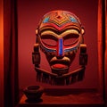 Peruvian Mayan Mask on stand in studio. Multi color. Studio Backdrop.