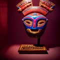 Peruvian Mayan Mask on stand in studio. Multi color. Studio Backdrop.